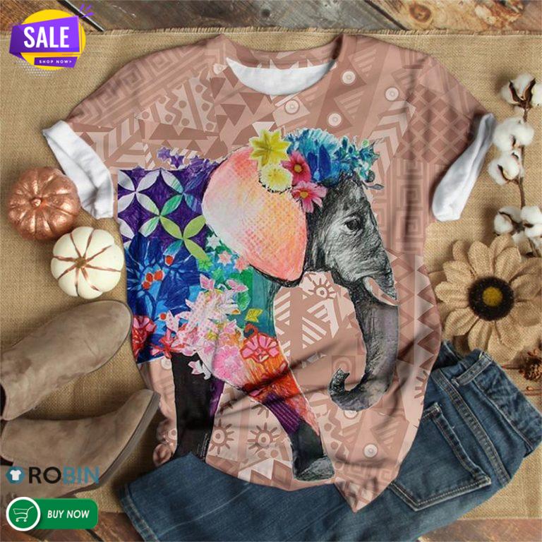 Floral Elephant  3D All Over Print T-Shirt