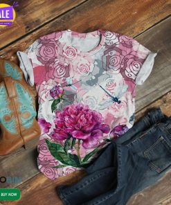 Dragonfly On Hand Drawn Flowers  3D All Over Print T-Shirt