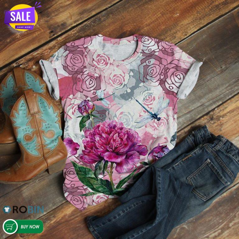 Dragonfly On Hand Drawn Flowers  3D All Over Print T-Shirt