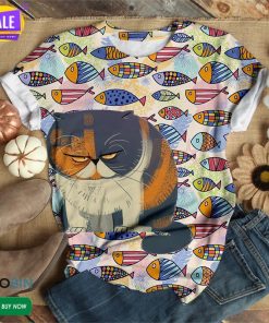 Angry Cat Loves Fishes  3D All Over Print T-Shirt Angry Cat Loves Fishes  3D All Over Print T-Shirt