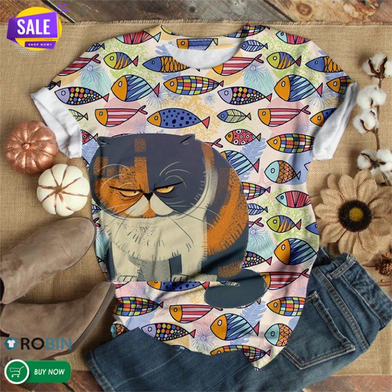Angry Cat Loves Fishes  3D All Over Print T-Shirt