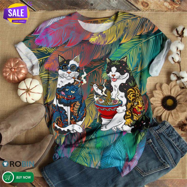Traditional Japanese Tattoo Cats  3D All Over Print T-Shirt
