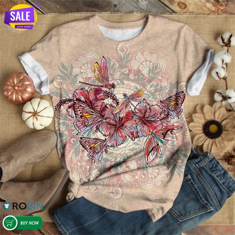 Dragonfly With Hibiscus Flower  3D All Over Print T-Shirt