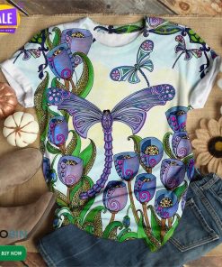 Purple Flowers And Dragonfly  3D All Over Print T-Shirt