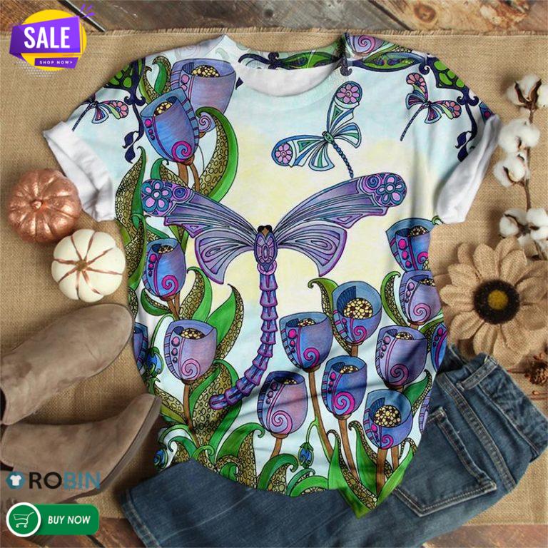 Purple Flowers And Dragonfly  3D All Over Print T-Shirt