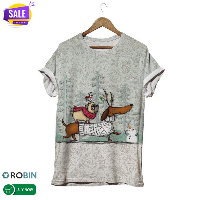 Dog Hangout In Winter Christmas  3D All Over Print T-Shirt