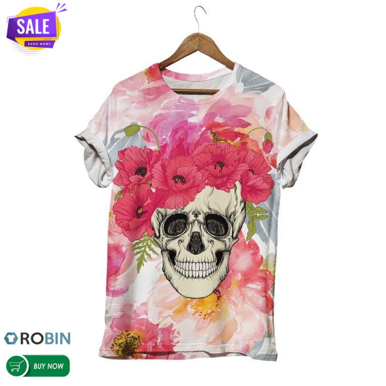 Hippie Flowers Skull  3D All Over Print T-Shirt