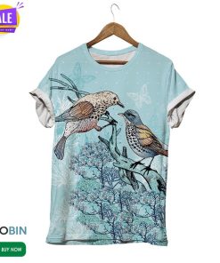 Couple Bird Blue Flowers  3D All Over Print T-Shirt
