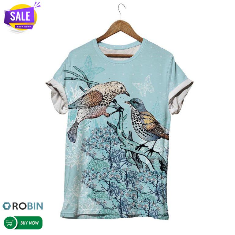 Couple Bird Blue Flowers  3D All Over Print T-Shirt