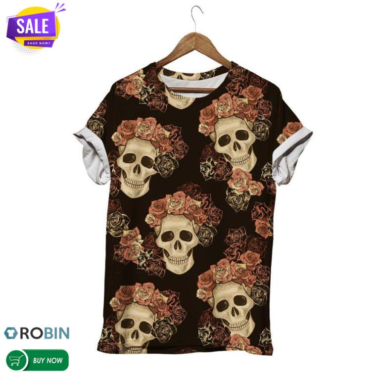 Skull Wearing Flower Crown  3D All Over Print T-Shirt