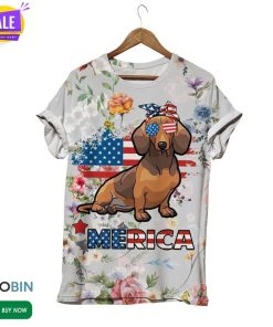Dachshund Dog On American Flag  3D All Over Print T-Shirt