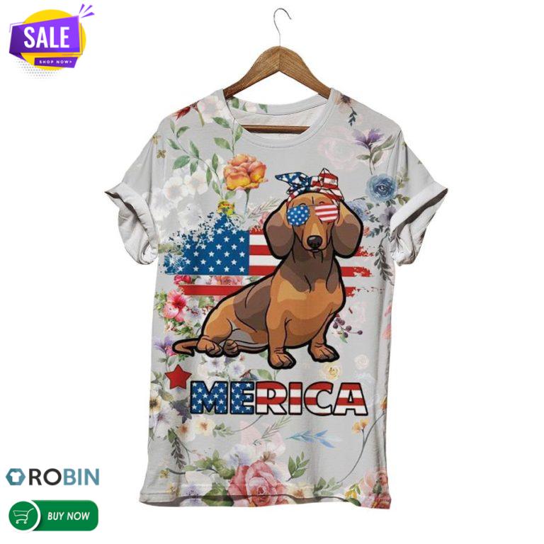 Dachshund Dog On American Flag  3D All Over Print T-Shirt