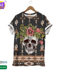 Wildflower Ethnic Motif Skull  3D All Over Print T-Shirt