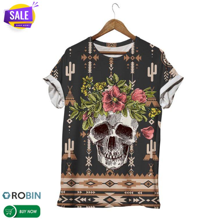 Wildflower Ethnic Motif Skull  3D All Over Print T-Shirt