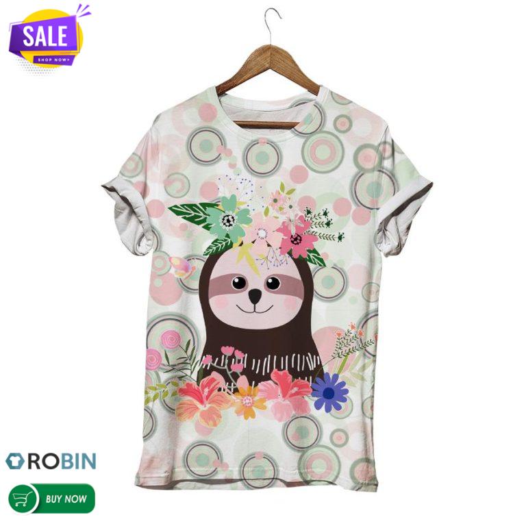 Sloth Smile Botanical  3D All Over Print T-Shirt