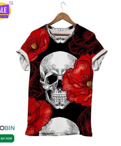 Skull Behind Flowers  3D All Over Print T-Shirt