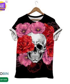 Skull Behind Flowers  3D All Over Print T-Shirt
