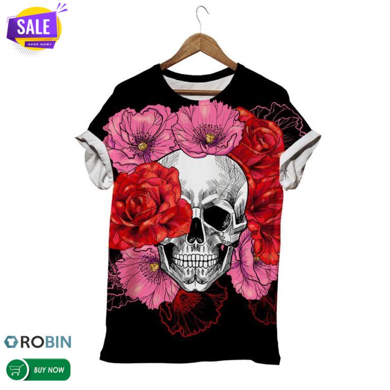 Skull Behind Flowers  3D All Over Print T-Shirt