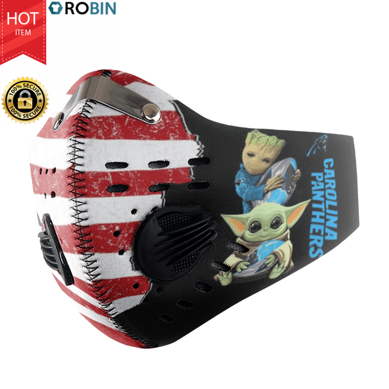 Baby Yoda And Groot Hug Carolina Panthers Face Mask with N95 Filter Sheet