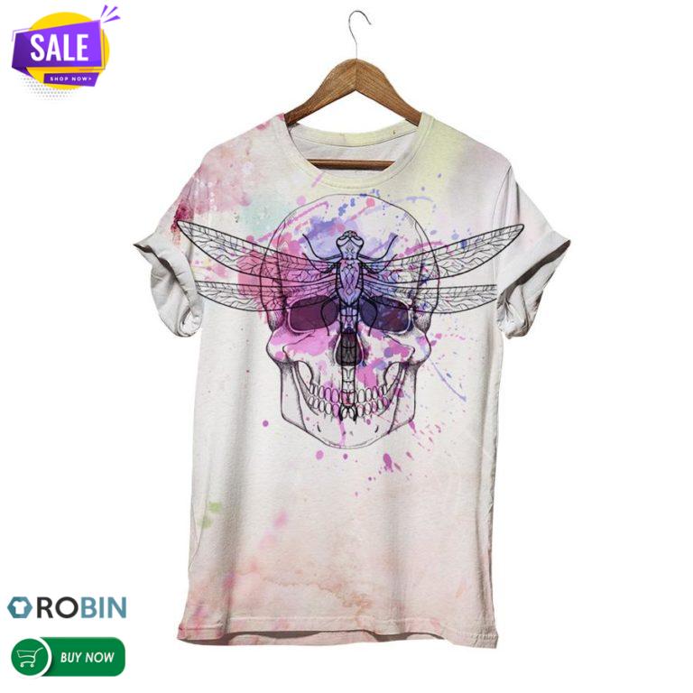 Dragonfly On Skull  3D All Over Print T-Shirt