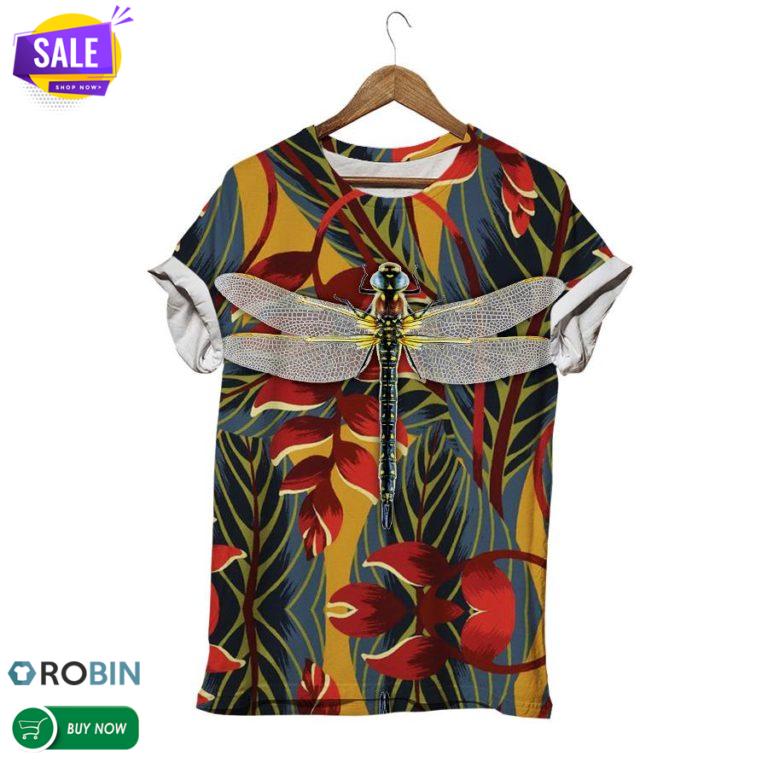 Multicolor Leaves With Dragonfly  3D All Over Print T-Shirt