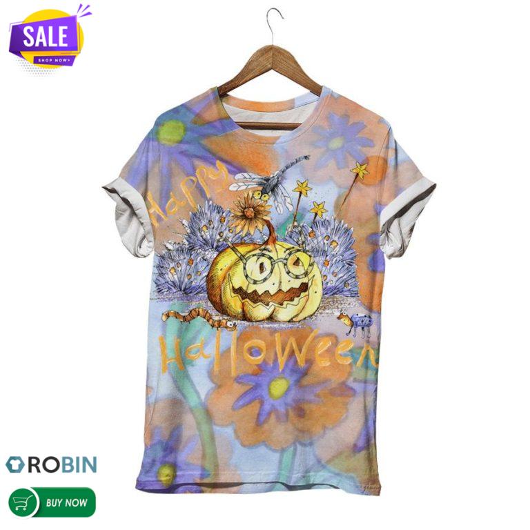 Dragonfly With Pumpkin On Halloween  3D All Over Print T-Shirt
