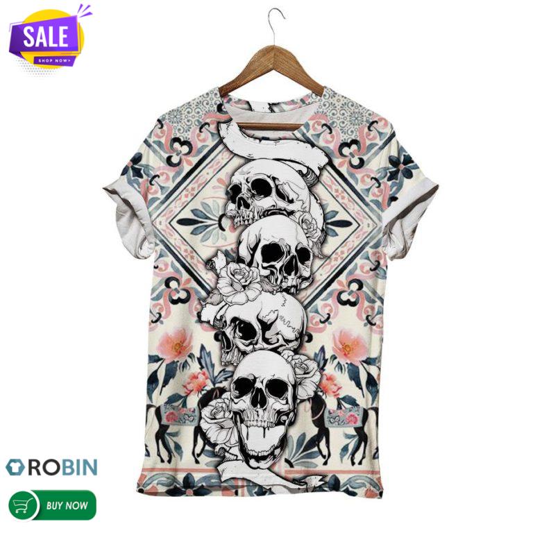 Symmetrical Floral Motifs Skull  3D All Over Print T-Shirt