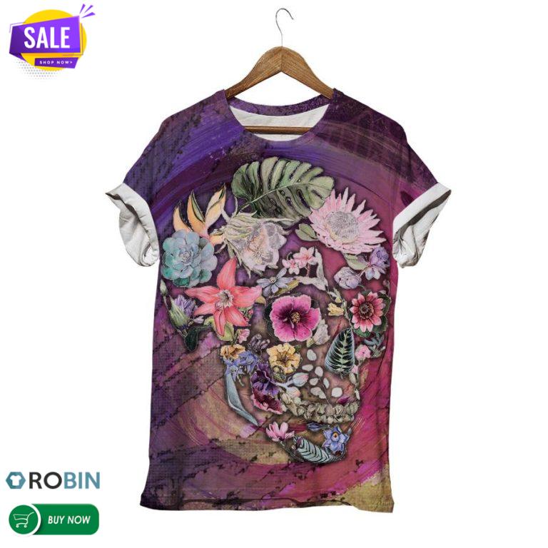Flowery Skull In Purple  3D All Over Print T-Shirt
