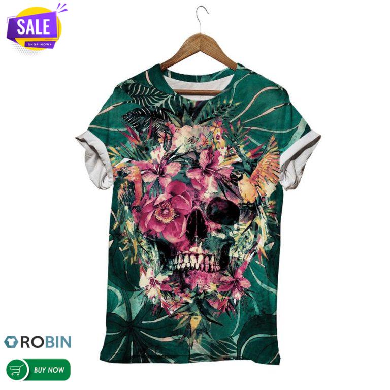Colorful Sugar Skull And Flower  3D All Over Print T-Shirt