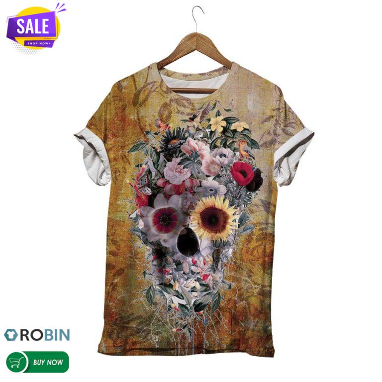 Flowers Skull Vintage  3D All Over Print T-Shirt
