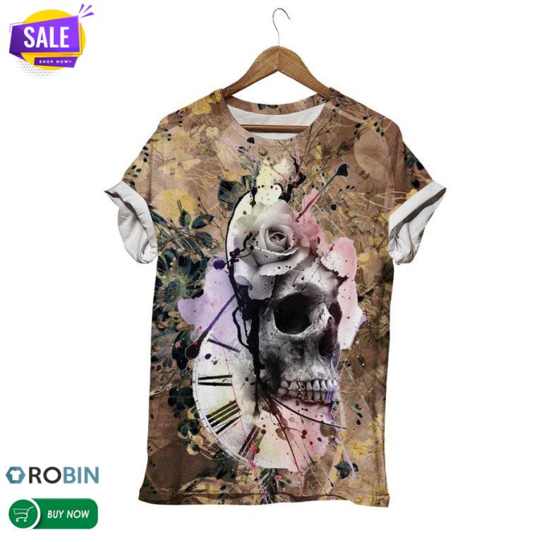Horror Clock Skull  3D All Over Print T-Shirt
