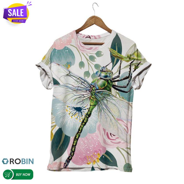 Dragonfly On Branch Flowers  3D All Over Print T-Shirt