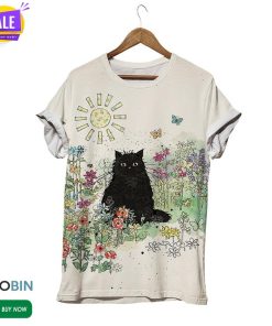 Black Cat On Flowers Field  3D All Over Print T-Shirt