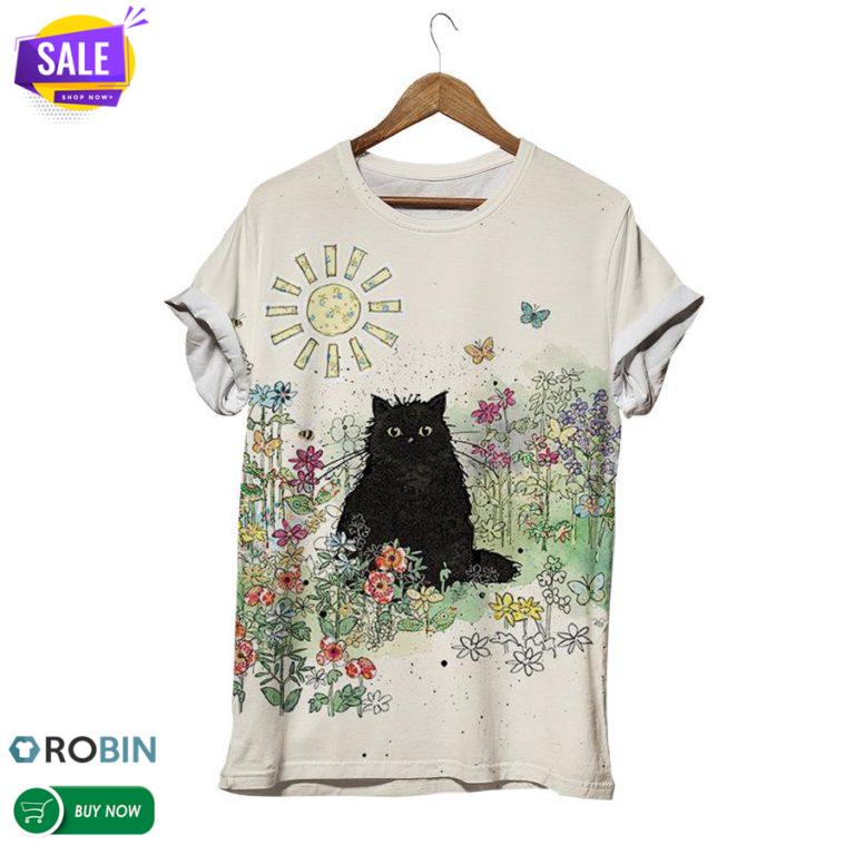 Black Cat On Flowers Field  3D All Over Print T-Shirt