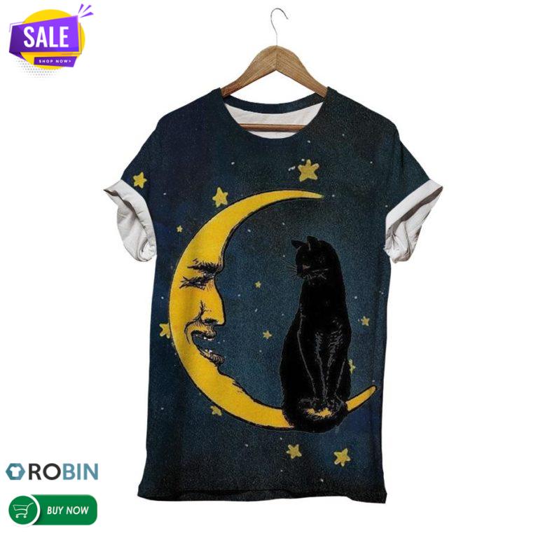 Talking To The Moon Black Cat  3D All Over Print T-Shirt