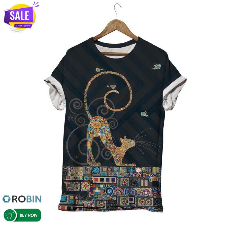 Long Tail Cat Floral  3D All Over Print T-Shirt