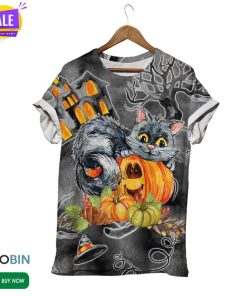 Happy Grey Cat Playing With Pumpkin  3D All Over Print T-Shirt