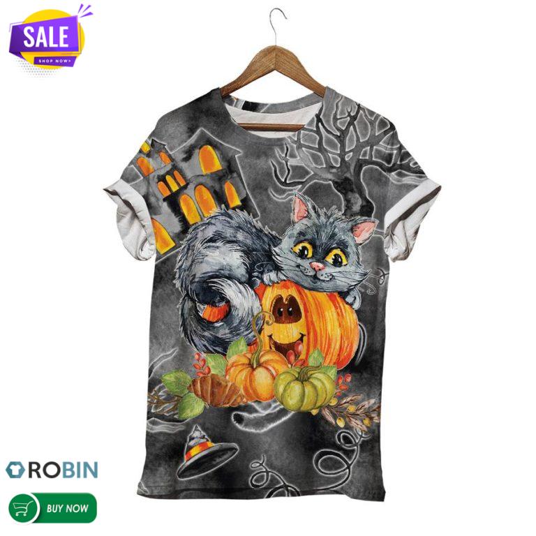 Happy Grey Cat Playing With Pumpkin  3D All Over Print T-Shirt
