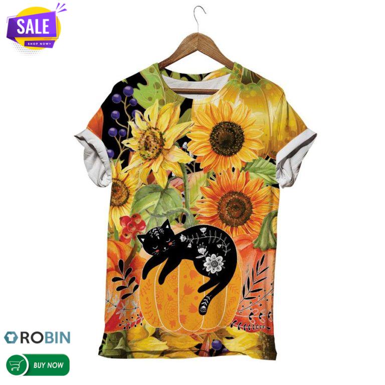 Sleeping Black  Cat On Sunflower Firld  3D All Over Print T-Shirt