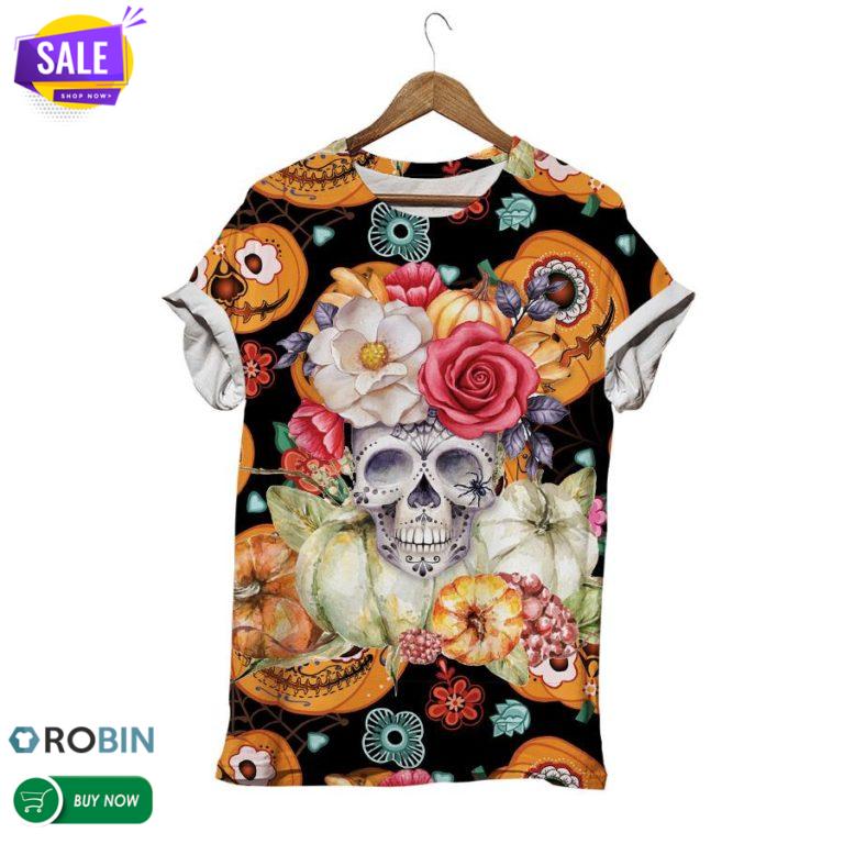 Halloween Botanical Skull  3D All Over Print T-Shirt