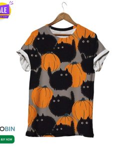 Black Chubby Cats And Pumpkins  3D All Over Print T-Shirt