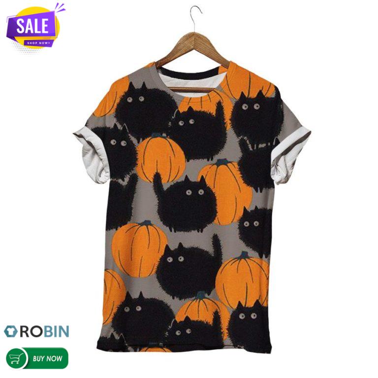 Black Chubby Cats And Pumpkins  3D All Over Print T-Shirt