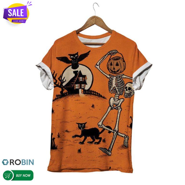 Halloween Skeleton With Friends  3D All Over Print T-Shirt