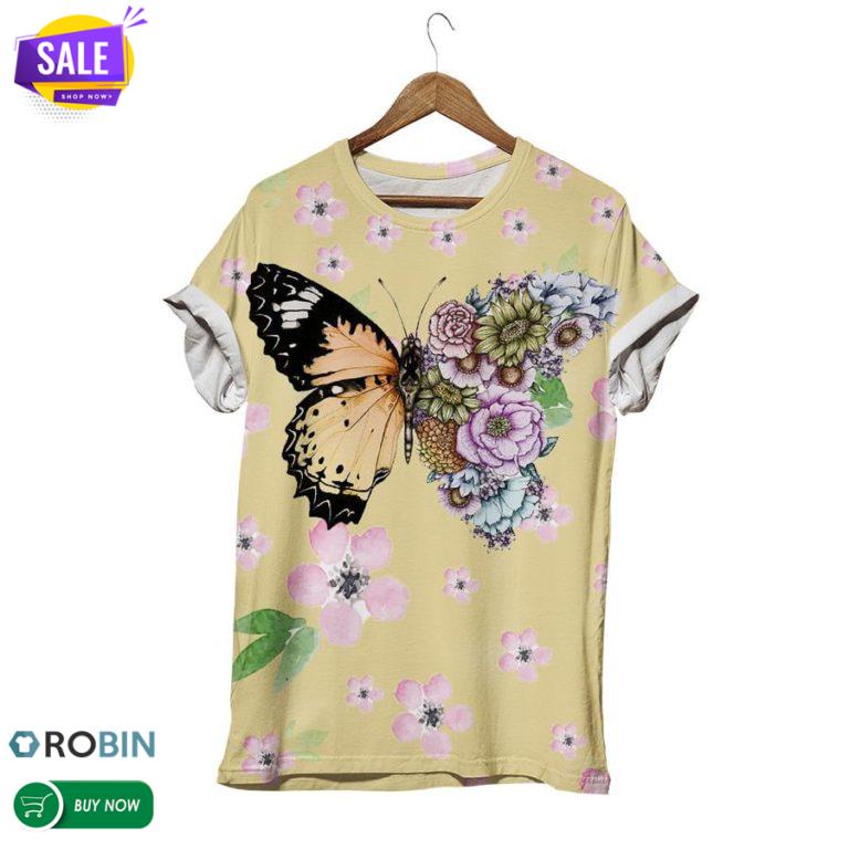 Glossy Butterfly Floral Shirt 3D All Over Print T-Shirt
