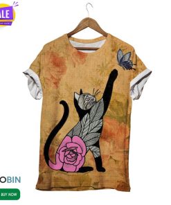Chasing Butterfly Black Cat  3D All Over Print T-Shirt
