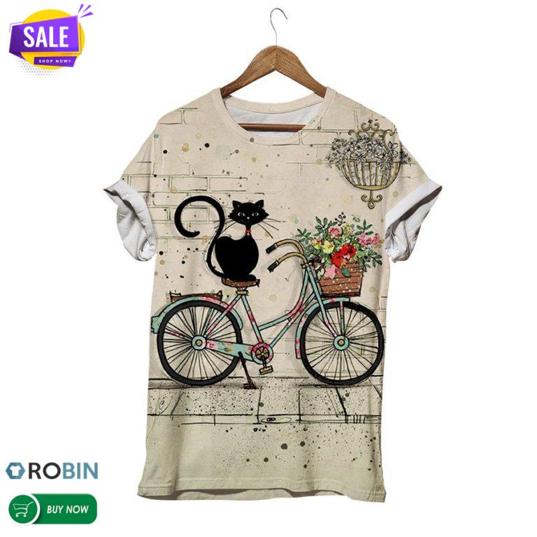 Black Cat On The Bike  3D All Over Print T-Shirt