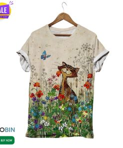 Happy Cat With Friend In Flowers Field  3D All Over Print T-Shirt