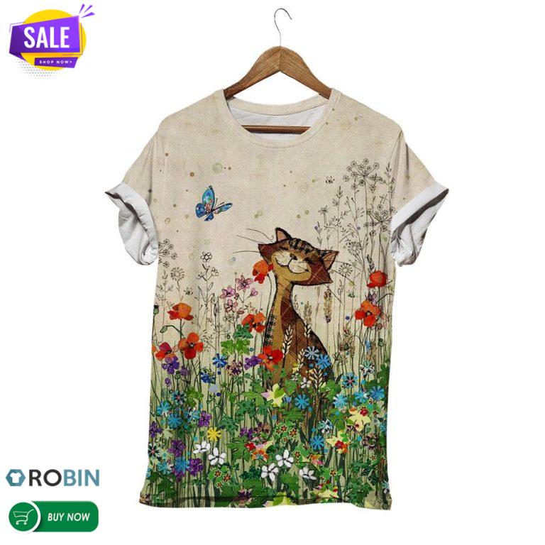 Happy Cat With Friend In Flowers Field  3D All Over Print T-Shirt