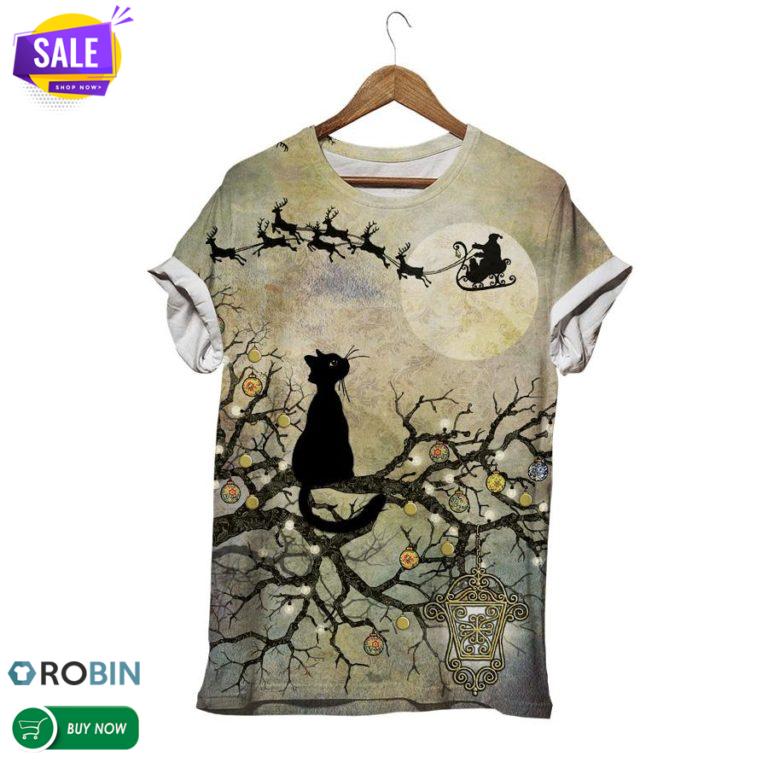 Lonely Cat Forest Night  3D All Over Print T-Shirt