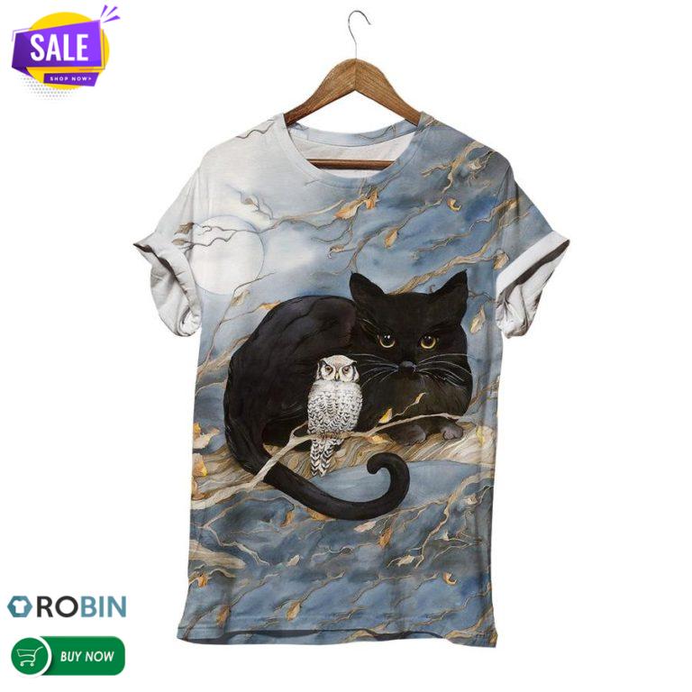 Cat And Bird Friendship  3D All Over Print T-Shirt